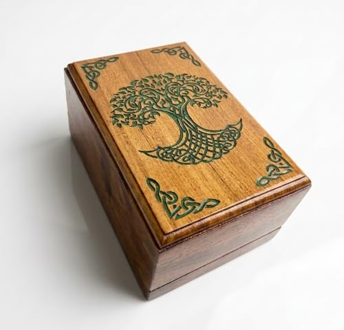 “Handcrafted Wooden Urn with Green Tree of Life Engraving | Premium Memorial Ashes Urn | Eco-Friendly Wooden Keepsake Urn for Human Ashes | Elegant & Durable Design”