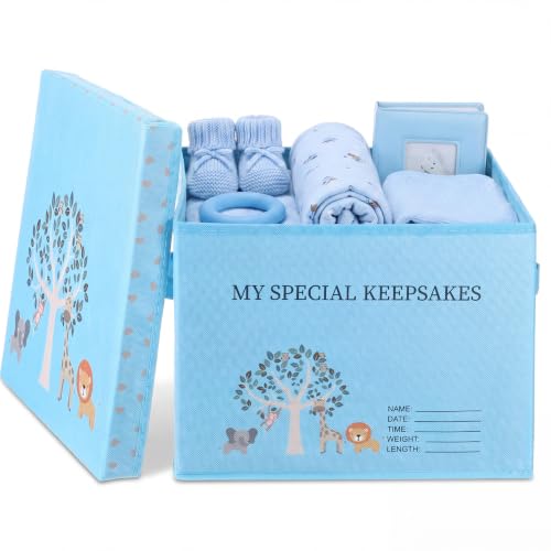LemonRoad Baby Memory Keepsake Box First Year Storage Mementos Organizer Box Large Blue Animal Cute My Special Keepsakes Newborn Boy Shower Baptismal Gift for New Parents Kids Birthday Party Present - color: Blue, style: Animal