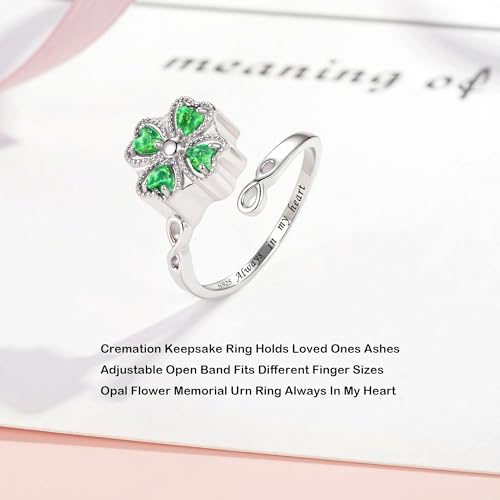 ZOEXUE Four Leaf Clover Cremation Urn Ring for Women, 925 Sterling Silver Adjustable Open Memorial Keepsake Ring with Opal Stones, Holds Ashes Bereavement Sympathy Gift - color: green