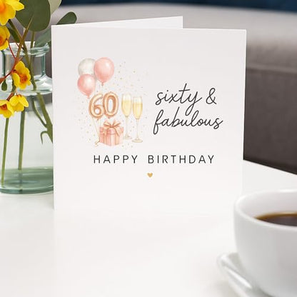 TEEMI-40th 50th 60th Birthday Card for Women - Fabulous Birthday Greeting Card with Envelope, Rose Gold Balloons Champagne Design, 300gsm Premium Cardstock, Blank Inside for Mom Sister Friend Wife (60th) - color: 60th