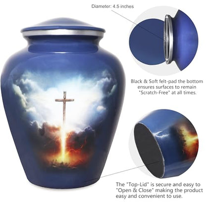 M MEILINXU Cremation Urns for Human Ashes, Grey Blue Cross, Large Adult Urn - color: Grey Blue