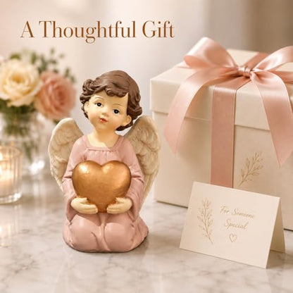 Guardian Angel Figurine Holding Gold Heart | Painted Resin Keepsake For Mom, Daughter, Sister, Friend, Desk, Shelf, Nightstand, Prayer Corner And Gift Occasions - size: 3.7"H