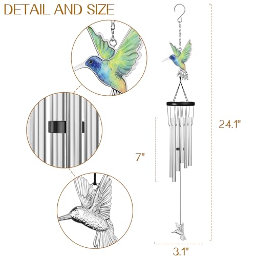 Outdoors Hummingbird Wind Chimes Sympathy Memorial for Loss of Loved One - Soothing Melodic Tones Aluminum Chime Great as a Gift for Your Patio Porch Garden and Backyard (Silvery, Hummingbird) - size: 24.1" Silvery Hummingbird