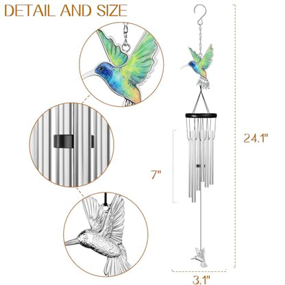 Outdoors Hummingbird Wind Chimes Sympathy Memorial for Loss of Loved One - Soothing Melodic Tones Aluminum Chime Great as a Gift for Your Patio Porch Garden and Backyard (Silvery, Hummingbird) - size: 24.1" Silvery Hummingbird
