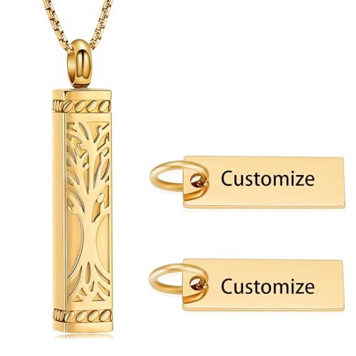 Tree of Life Urn Necklace, Stainless Steel Memorial Ashes Pendant | Tree of Life Cremation Jewelry Stainless Steel Locket Vertical Bar Keepsake Necklace Jewelry for Women Men Human Ashes - color: Customize