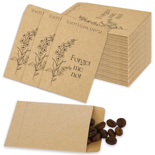 JarThenaAMCS 50Pcs Forget Me Not Seed Packets Self Adhesive Kraft Envelopes Retro Floral Seed Storage Pockets for Garden Birthday Wedding Party Favors (No Seeds)