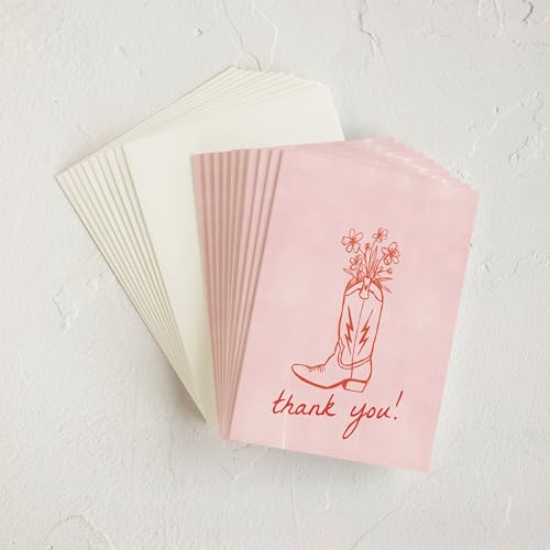 Minted Thank You Cards Pack, Set of 10, Folded Thank You Cards with Envelopes, Blank Card, Pink Boot & Flowers Design, Luxurious Paper, Designed by Independent Artists, Baby Shower, Bridal Shower - color: Party Boots