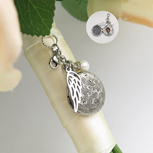 IDLAN Bouquet Locket Photo Charm Wedding Bouquet Memory Charm Memorial Bride Pendant Memorial Photo Keepsake - style: Angel Wings
