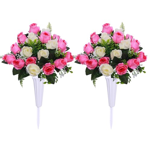 Set of 2 Artificial Cemetery Flowers with Vase,Grave Memorial Flowers,Artificial Rose Bouquet Decoration for Cemetery Headstones Gravesites (White & Pink, 2 Bouquets) - color: White & Pink
