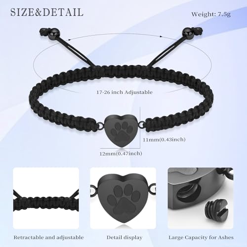 Cremation Bracelet for Pets Ashes Cat Dog Heart Paw Print Pendant Bangle Stainless Steel Memorial Urn Bracelet Cremation Jewelry - color: Black