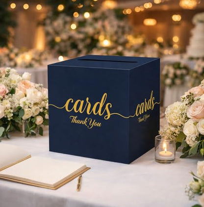 Blue and Gold Card Box for Party Graduation, Baby Bridal Shower, Birthday, Funeral, Wedding 7.8 x 7.8 x 7.8 In Gift Card Holder Box for Reception Raffle Voting Box with Slot - color: BlueGoldTks