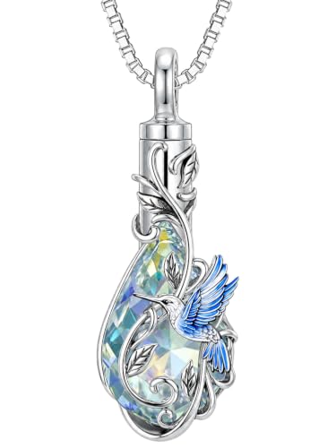 Urn Necklace for Ashes Butterfly/Dragonfly/Ladybug/Bee/Hummingbird Crystal Teardrop Ash Necklace Keepsake Pendant Cremation Jewelry Memorial Gift for Women With Funnel Filler - color: Hummingbird