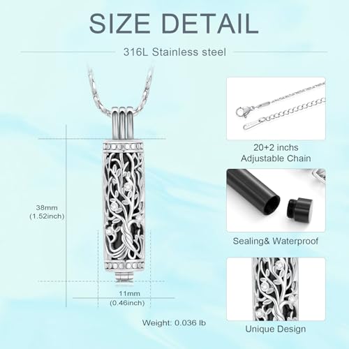 Tree of Life Urn Necklace for Women Men Cylinder Bar Memorial Ash Pendant | Tree of Life Cremation Jewelry,Stainless Steel Keepsakes Necklaces,Vial Ashes Pendant - color: Silver-Black