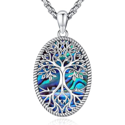 Sterling Silver Tree of Life Necklace for Women Oval Family Tree Necklace Abalone Shell Moonstone Pendant Mother Day Necklace for Mom Tree of Life Jewelry - style: Tree of Life