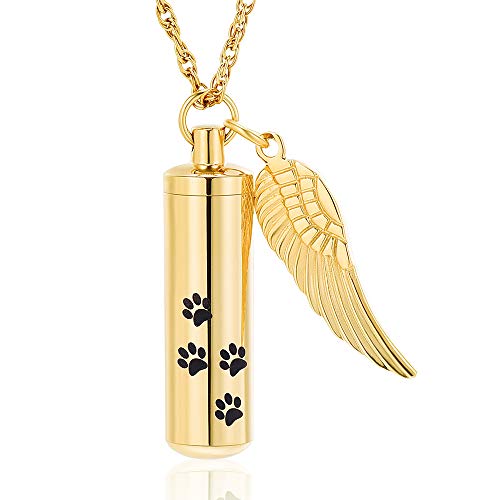 shajwo Cremation Jewelry Paw Print Urn Necklaces for Human Pet Ashes Cylinder Urn Pendant Keepsake Memorial Ash Locket Holder Necklace for Men Women - color: Gold