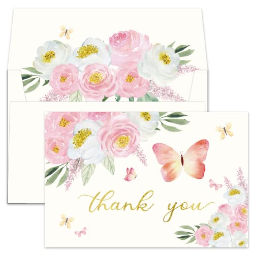 Gooji 4x6 Butterfly Pink Floral Thank You Cards with Envelopes (Bulk 20-Pack) Matching Peel-and-Seal Envelopes, Watercolor, Birthday Party, Baby Shower, Weddings, Greeting - color: Pink, White, Green