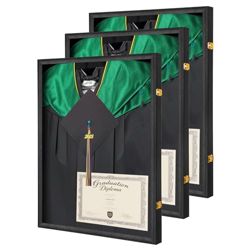 Shadow Box for Graduation Cap and Gown, Wall Display Stand, 3pc | Matte black wood frame, dustproof acrylic panel, lockable wall mount case, displays graduation gown,as commemorative gift - size: Large - Black - 3Pack