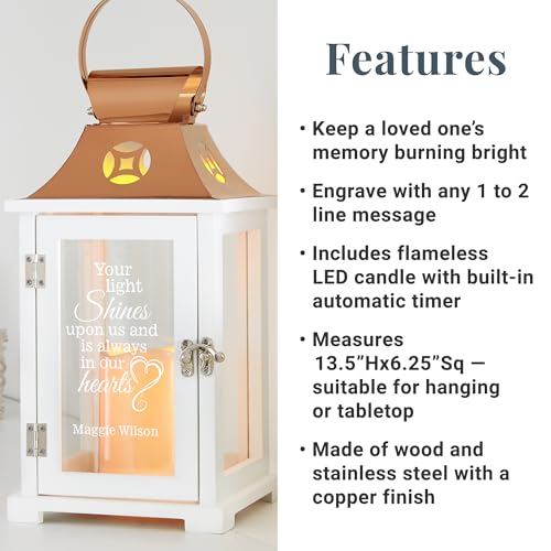 Let's Make Memories Personalized Memorial Lantern - Sympathy - Condolences - LED Candle - Automatic Timer - Wood/Stainless Steel - Copper Finish - Keep the Light On - style: Your Light Shines Upon Us