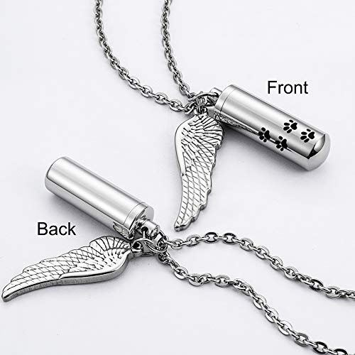 abooxiu Cylinder Cremation Urn Necklace with Angel Wing & Pet Paw - Ashes Keepsake for Dog/Cat Memorial - color: Silver-M