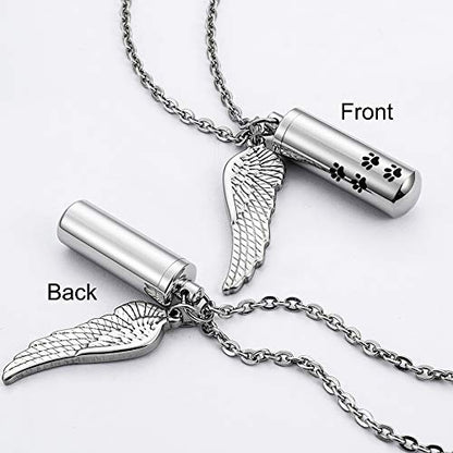 abooxiu Cylinder Cremation Urn Necklace with Angel Wing & Pet Paw - Ashes Keepsake for Dog/Cat Memorial - color: Silver-M