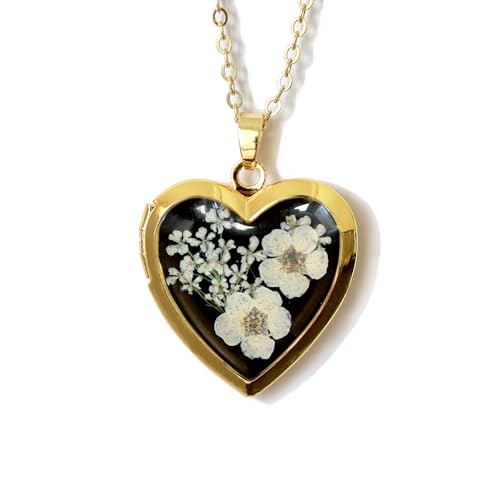 Handmade Heart Shaped Dried Pressed Forget Me Not Flower Photo Locket Pendant Necklace - color: Gold, style: White+Black