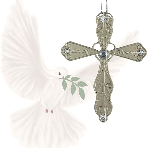 BANBERRY DESIGNS Sympathy Cross Ornament In Loving Memory, Bereavement Cross Gift for Loss of Loved One, Filigree Heart Shaped Jeweled Metal Memorial Hanging Ornament, 3.5 Inch
