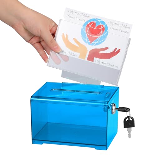 AdirOffice Crystal Blue Acrylic Donation Box with Lock - Multipurpose Suggestion Box for Office, Fundraisers, or School Voting - 6.25x4.5x4 Inches - color: Crystal Blue
