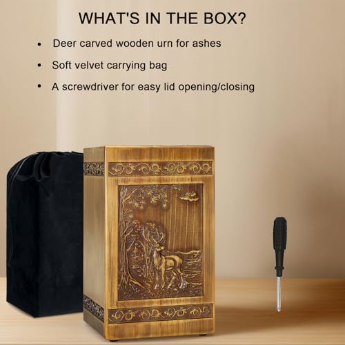 Wooden Cremation Urns for Human Ashes Adult Male Female Deer Carving Handmade Wood Funeral Decorative Memorial Urn Box, Holds 270 Cubic Inch