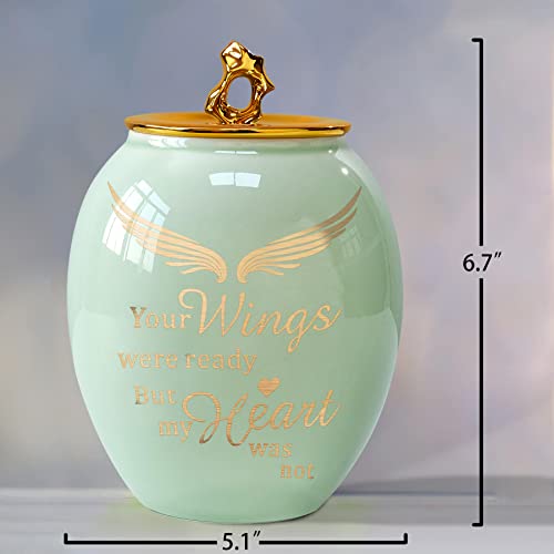 Green Medium Cremation Urn for Human Ashes Adult Male Female | Angel Ceramic Urn for Ashes Men Women Dad Mom,Memorial Urn with Velvet Bag & Funnel – A Perfect Tribute & Gift for Families - size: Medium