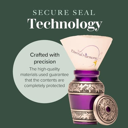 Eternal Harmony Small Keepsake Urn, Male & Female Small Cremation Urn for Human Ashes with Elegant Finishes, Secure Seal & Velvet Bag, Mini Urn for Men & Women Ashes Up to 3 Cubic Inches (Purple) - color: Purple