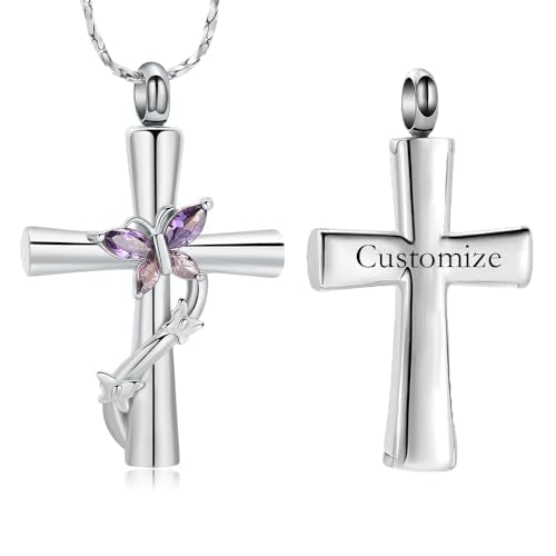 Butterfly Cross Urn Necklace for Ashes Crystal Butterfly Cremation Jewelry Ashes Pendant for Women Men Memorial Keepsake Jewelry for Human shes of Loved Ones - color: Multi-Customize