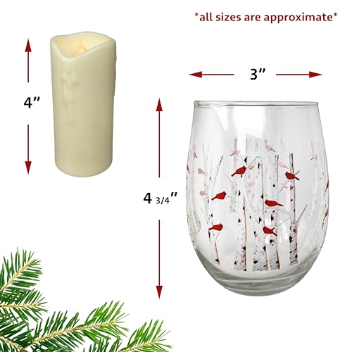 Stemless Wine Glass Candleholder - Cardinal Design with Lighted Candle, 4.75" Tall - Set of 2