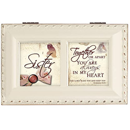 Cottage Garden Sister Always in My Heart Ivory Rope Trim Petite Jewelry Music Box Plays Ave Maria