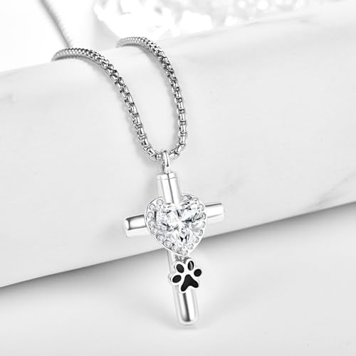 Dreamboat Pet Cremation Urn Necklaces for Dog Cat Ashes 925 Sterling Silver Paw Print Keepsake Pendant Memorial Jewelry Gifts for Women Men - style: 01G-Silver Cross Vial