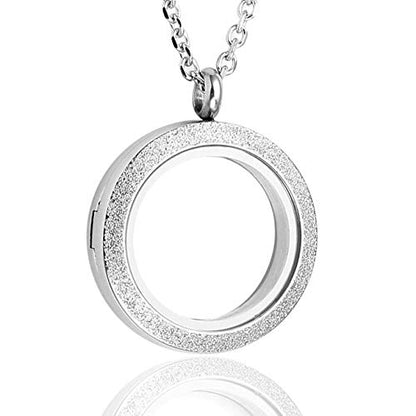 Zysta Silver Round Locket Pendant Necklace 30mm Glossy Stainless Steel Clear Glass Living Memory Floating Charms Stone Storage - color: Silver-Glitter Matte-25mm