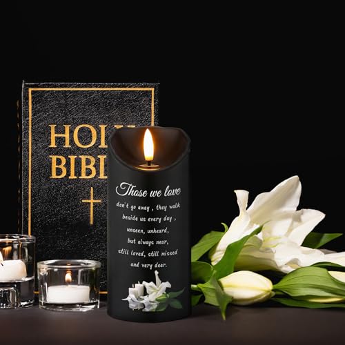 VIHOSE Sympathy Gifts for Loss of Loved One Memorial Candles LED Flameless Funeral Gifts Lily Candles Memorial Celebration Remembrance Bereavement Gift Battery Candle for Prayers(Black)