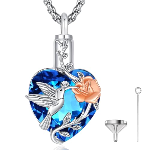 EUDORA Sterling Silver Urn Necklace for Ashes for Women Men, Ash Pendant for Human Cat Dog Ashes, Necklace for Ashes of Loved One Dad Mom Papa Pet Cremation Souvenir Jewelry for Funeral, 20inch - color: C2-Hummingbird and Blue Austrian Crystal