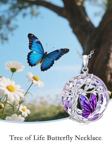 TOUPOP Butterfly Necklace for Women 925 Sterling Silver Tree of Life Butterflies Dragonfly Hummingbird Pendant Necklaces Crystal Jewelry Anniversary Christmas Birthday Gift for Her - color: Butterfly Purple