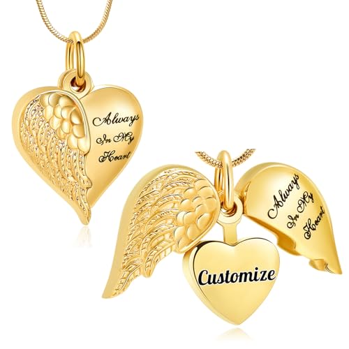 Love Heart Cremation Jewelry Urn Necklaces Urn Necklaces for Ashes Memorial Keepsake for Heart of Angel Wing Pendant for Women Men Gifts With Funnel Kit & Bag - color: Customize