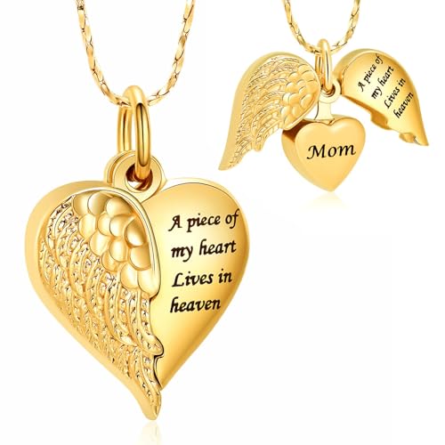 Imrsanl Heart Cremation Urn Necklace Pendant for Human Ashes - A Piece of My Heart Lives in Heaven Memorial Keepsakes Cremation Jewelry - color: Locket-Gold Mom
