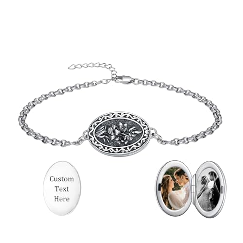 Birth Flower Photo Locket Bracelet 925 Sterling Silver 12 Month Locket Bracelet with Picture Birth Flower Photo Jewelry Gifts for Women Mother Mom Daughter - style: 05-May-Lily-Custom