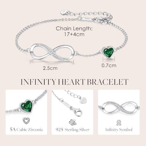 CDE 925 Sterling Silver Infinity Birthstone Bracelet Jewelry Gift for Women | Hypoallergenic,Non Tarnish,Heart CZ,Nickel-Free & Lead-Free,Anniversary Christmas Birthday Idea Gifts for Wife Girlfriend Her - color: 5-May.