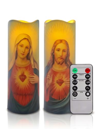 2-Pack Immaculate Heart of Mary and Jesus Sacred Heart LED Prayer Candle,Battery Operated Religion Pillar Candles with Remote Control & Timer for Easter Decor,Home Altar,Church & Devotions