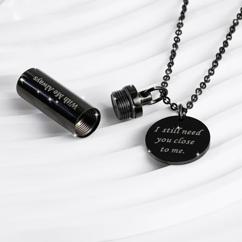 Cremation Cylinder Necklace for Ashes Stainless Steel Urn Locket Pendant Ashes Holder Memorial Jewelry - With Me Always - color: Black