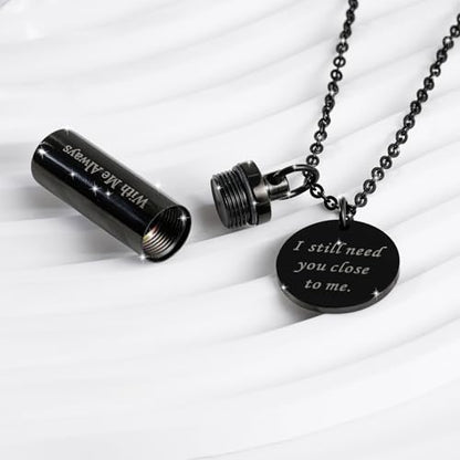 Cremation Cylinder Necklace for Ashes Stainless Steel Urn Locket Pendant Ashes Holder Memorial Jewelry - With Me Always - color: Black