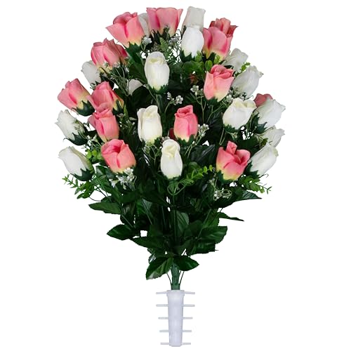 Artificial Cemetery Flowers - Gravesite Flowers - Cream Pink Roses - color: Cream and White Roses, size: (1) Bouquet