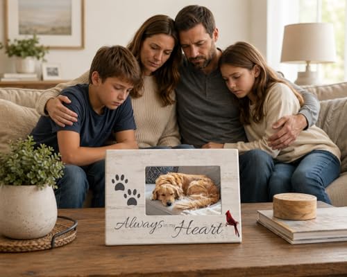 Dog Memorial Picture Frame, Always in My Heart Pet Loss Gift with Cardinal & Paw Print Design, Wood Look 4x6 Photo Frame for Dog or Cat Sympathy, Pet Remembrance Gift, Measures 10 x 7 Inches