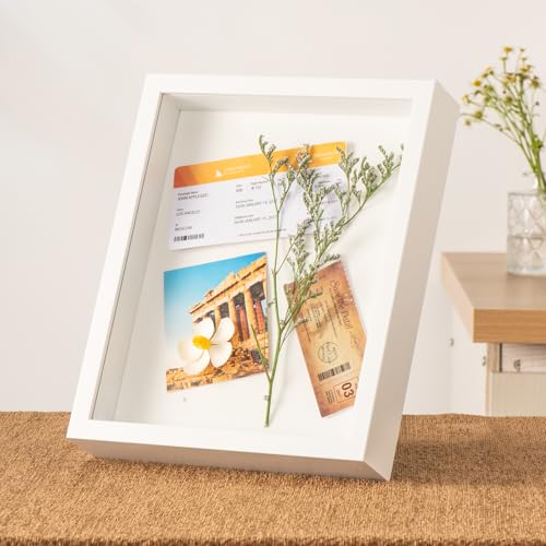 8x10Shadow Box Frame with Ultra-Clear Glass & Soft Linen Back | With Push Pins and Stand, Deep 1.2" White Shadow Box Display Case – Display on Tabletop or Wall for Photo, Flower, Keepsakes - color: White+high Definition Panel + Shatter-proof Packaging, si
