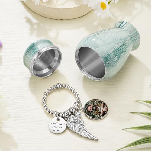 SOITIS Customized Small Urns for Human Ashes Keepsake, 2.83 Inches Urn for Women Men, Engraving Aluminum Cremation Urns for Human Ashes-Lake Green with Wing Urn - color: Custom-green a