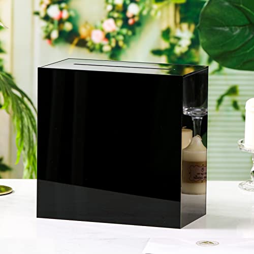 UNIQOOO Black Acrylic Wedding Card Box with Slot, Thick DIY Large 10x10x5.5 inch w/No Print, Wedding Receptions Wishing Well Money Box, Birthday, Memory Box, Suggestion Boxes, Acrylic Ballot Box - color: Black w/ No Print